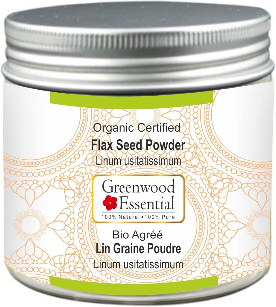 Greenwood Essential Puro Flax Seed Powder (Linum usitatissimum) Organic Certified 100gm (3,5 oz)
