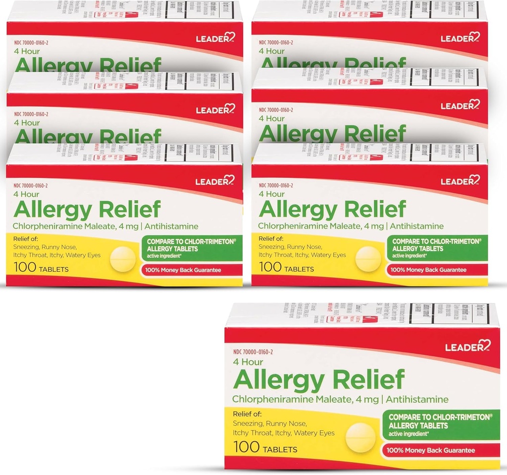Líder 4 horas Alergia Alívio, Comprimidos de Maleato de Clorfeniramina, Anti-histamínico, 4 mg, 100 contagem (Pacote de 6)