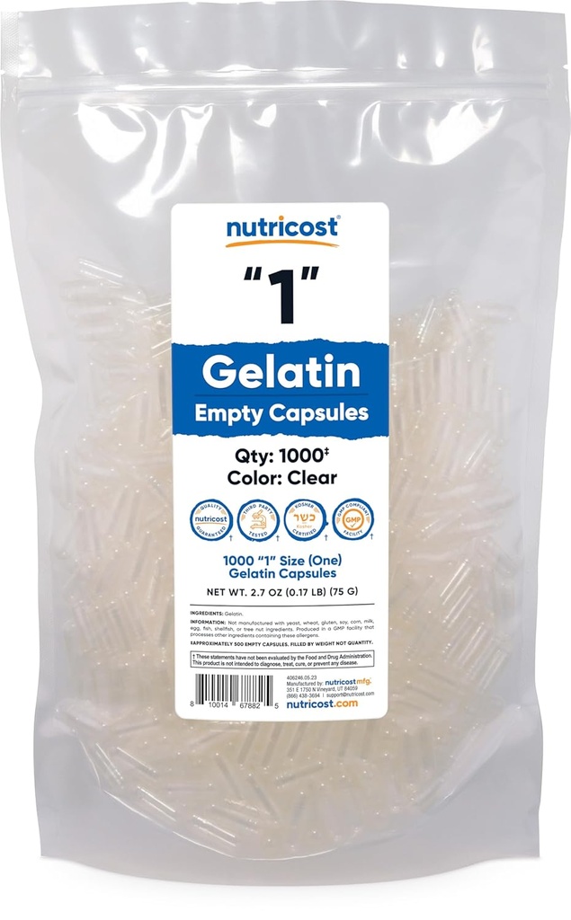 Nutricost Cápsulas vazias Gelatina Tamanho 1-1000 Clear Vazio '1' Cápsulas de Gel - Kosher, Non-GMO, Soy Free, Gluten Free