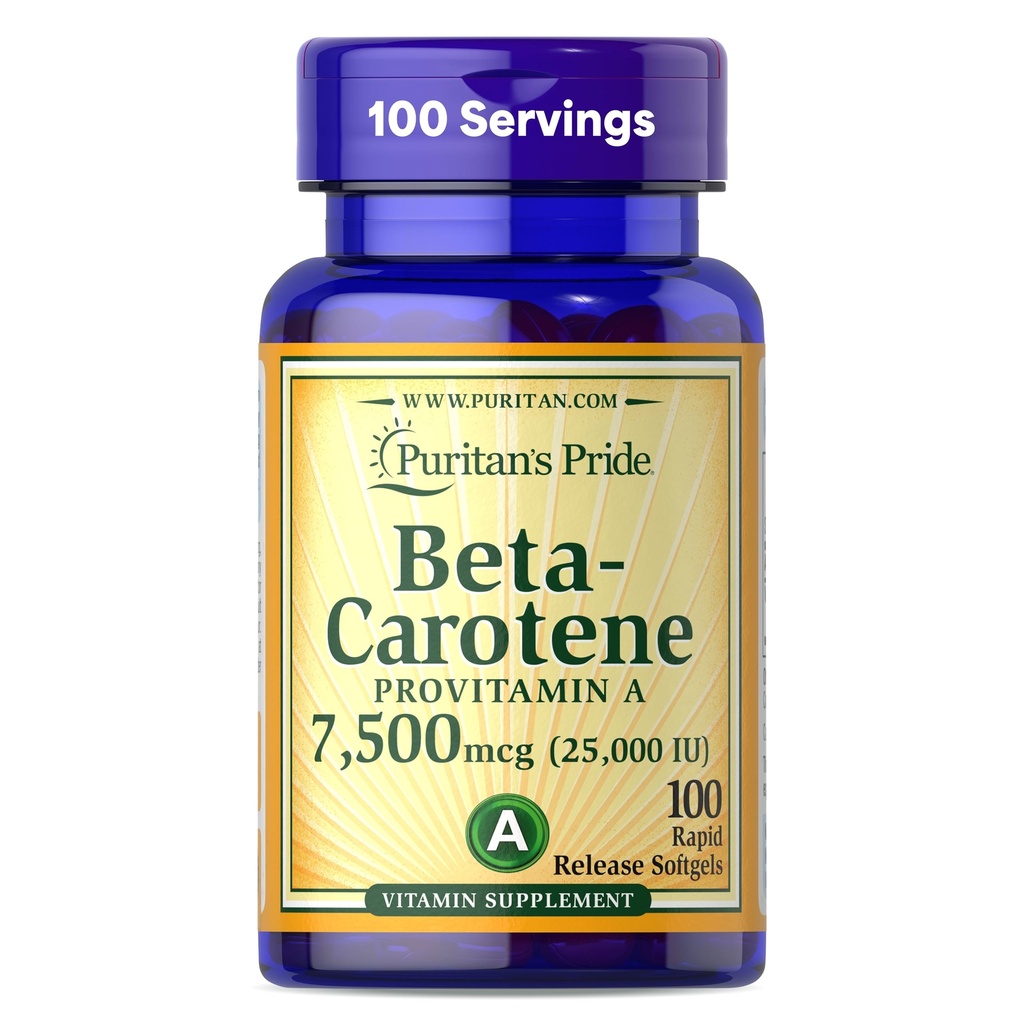 Orgulho de puritano Beta caroteno Provitamin A 7.500mcg (25.000 UI), Suplemento Vitamina para o Sistema Imune, Antioxidante e Apoio à Saúde dos Olhos, Fornecimento de 100 dias, 100 rápida liberação Softgels