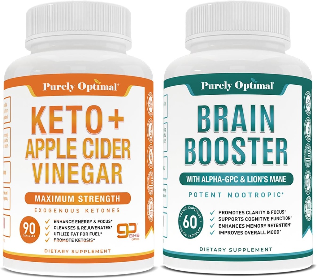 Puramente Optimal Premium Keto Pills + Apple Cider Vinagre Cápsulas com Mãe + Premium Suplemento Cérebro - Nootropic Brain Booster para Foco, Clareza, Memória Melhor, Concentração e Melhor Mood