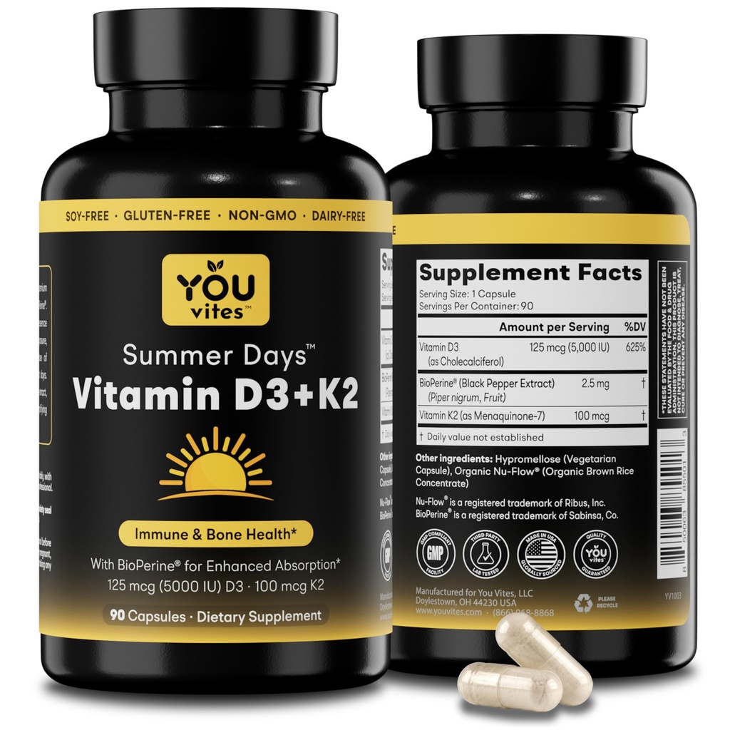 Vitamina D3 + K2 - Absorção Máxima, 5000 UI D3 & 100 mcg K2 MK-7 (Menaquinona-7) com BioPerine - Suporte Osso, Coração e Imune - Não-GMO, Glúten Livre, Soja Grátis - 90 Cápsulas - Suplemento Diário