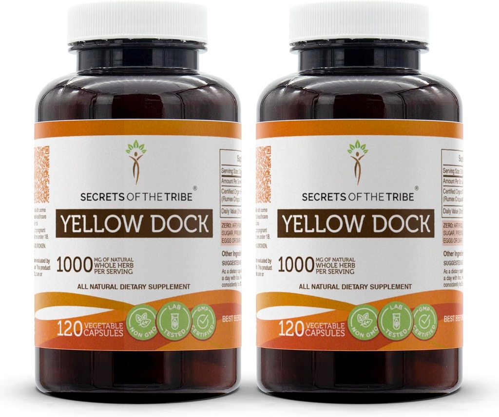 Segredos da Tribe Yellow Dock 120 Cápsulas(2 pcs.), 1000 mg, Yellow Dock (Rumex Crispus) Raíz Secada (2x120 Cápsulas)