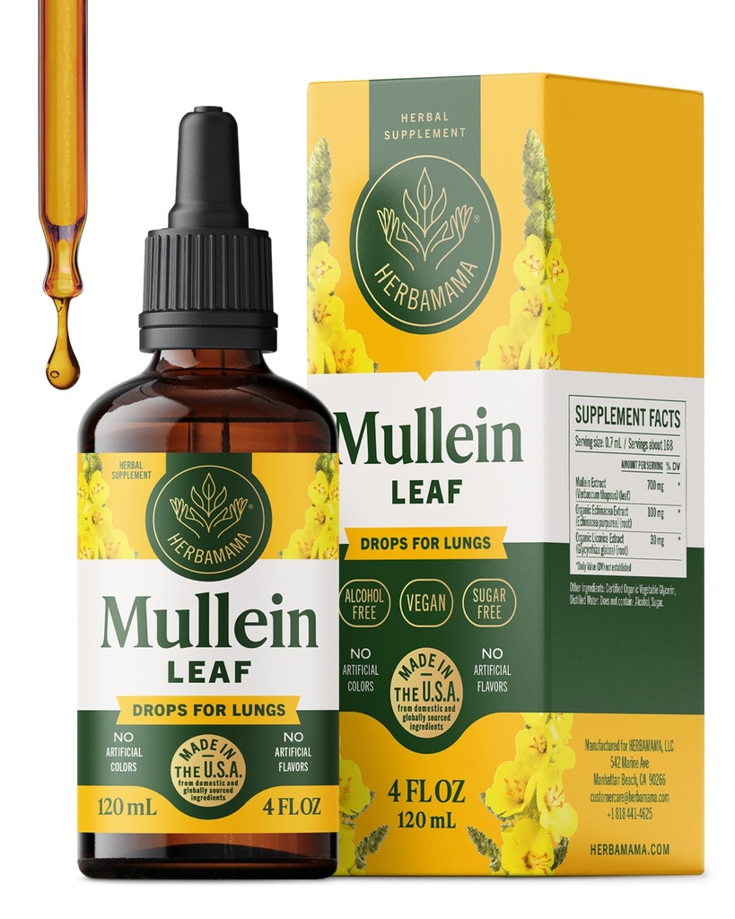 HERBAMAMA Mullein Drops para pulmões - Vegan Lung Cleanse com extrato de folha de Mullein, Echinacea Tintura & Alcaçuz - Não-GMO, Álcool & Açúcar-livre Suplemento de suporte respiratório - 56-dia de fornecimento