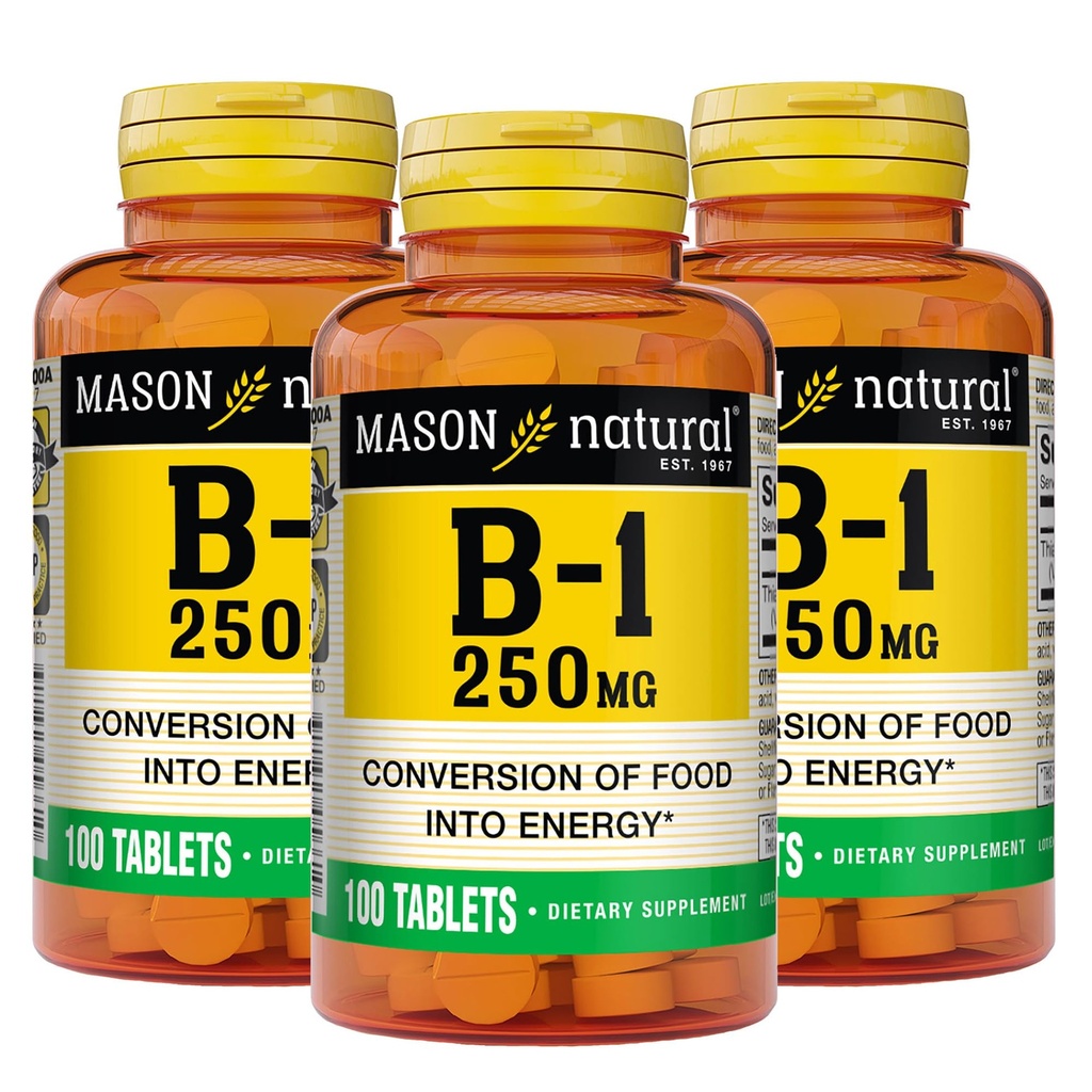 MASON NATURAL Vitamina B1 Tiamina 250 mg, 300, Abastecimento dia, Suplemento dietético para apoiar níveis de energia natural, 100 comprimidos (Pacote de 3)