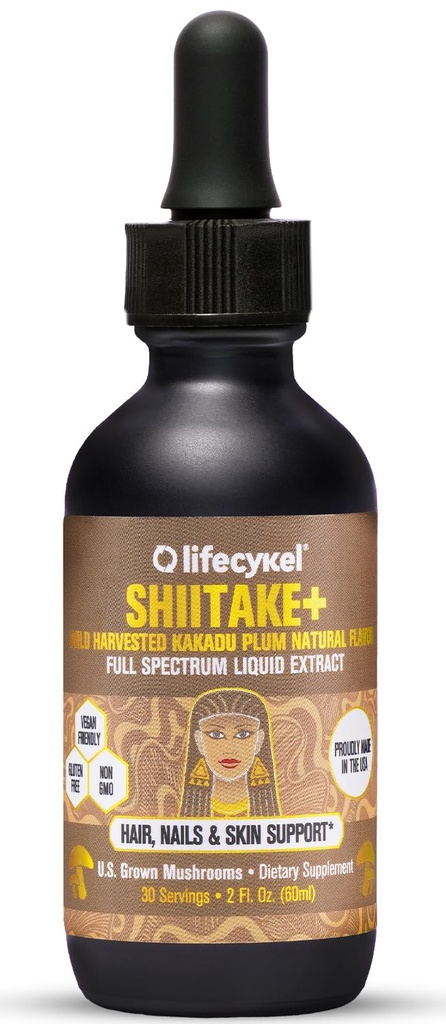 Lifecykel - Shiitake Mushroom Extract com Kakadu Plum- cabelo, pele e pregos de suporte, Anti envelhecimento Suplemento - cogumelos 100% orgânicos, Imune Boosting, vitamina C Made in The US- 2 Fl oz (Pacote de Maio Vary)