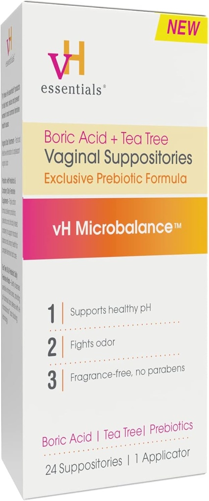 VH essencial Ácido Bórico e Árvore de Chá Supositórios Vaginais - Fórmula Prebióticos com Ácido Láctico - Equilíbrio PH, Controle de Odor, Cuidados Femininos - 24 Supositórios e Aplicador, Branco, 2,4 Onças