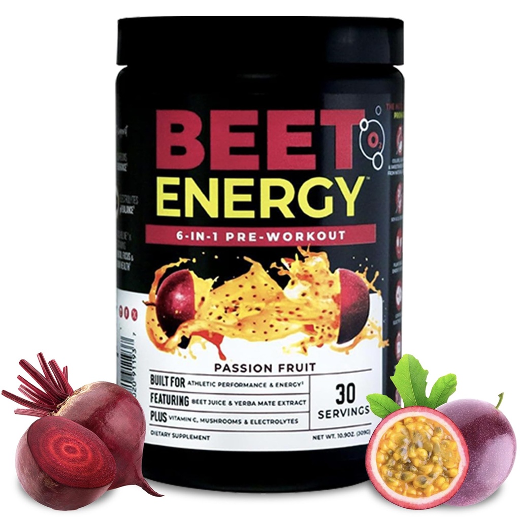 Nutriologia Beterraba Energia O2, Pré-treino em pó, Energia, Endurance & Nitric Oxide Booster com Beterraba em pó, Yerba Mate, Adaptogens & Electrolytes, Vegan Pré-treino, Passion Fruit Flavor, 30 Servings