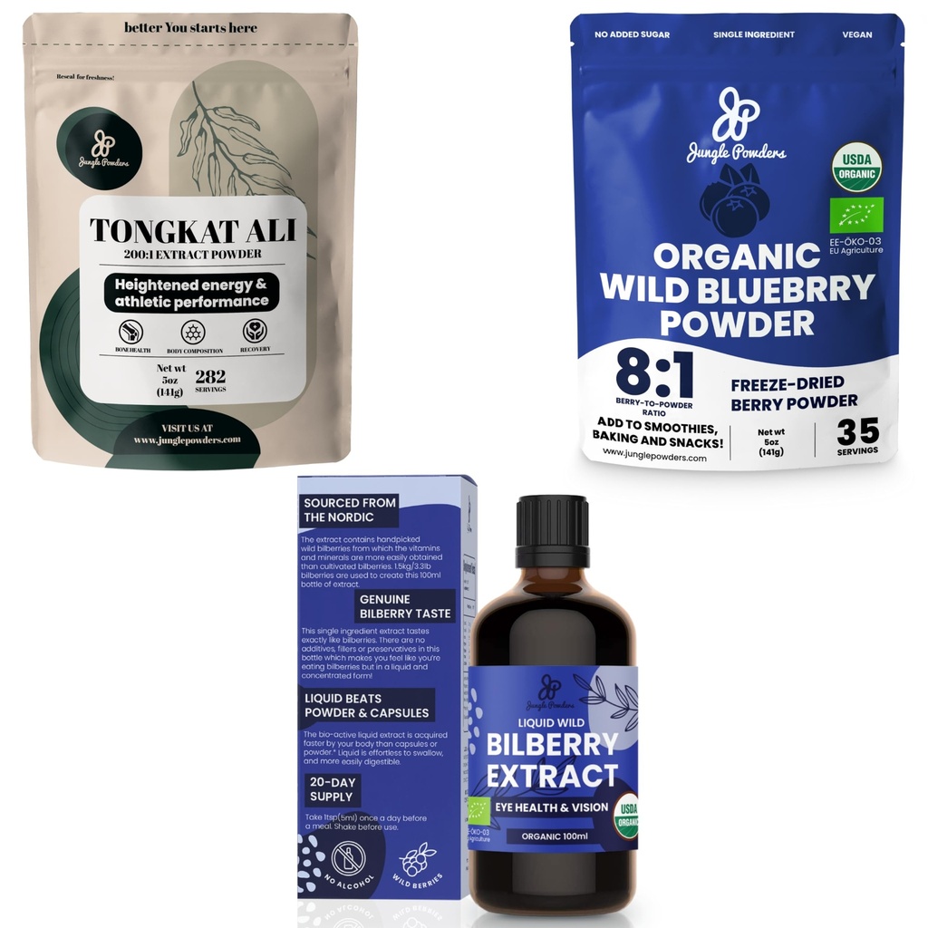 Pó de Selva Ultimate Men's Health & Wellness Bundle: 5oz Tongkat Ali Powder, 5oz Wild Blueberry Powder & 3.4oz Organic Bilberry Liquid Extract - Suplementos Premium para unidade, paixão, visão