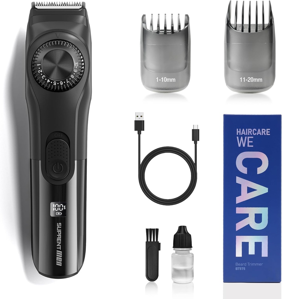 Aparador de barba ajustável SUPRENT para homens, cortador de barba elétrica sem fio com mostrador de precisão, USB recarregável 19 configurações de comprimento Trimmer bigode para homens presentes (preto)