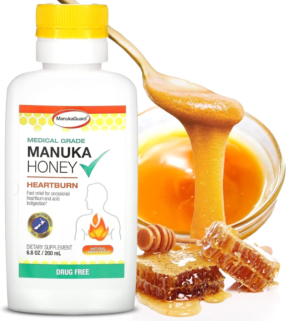 ManukaGuard Azia Nutralizer, Grau médico Manuka Honey 6.8 oz - Queimamento cardíaco imediato e alívio da indigestão ácida. Alternativa antiácido livre de drogas