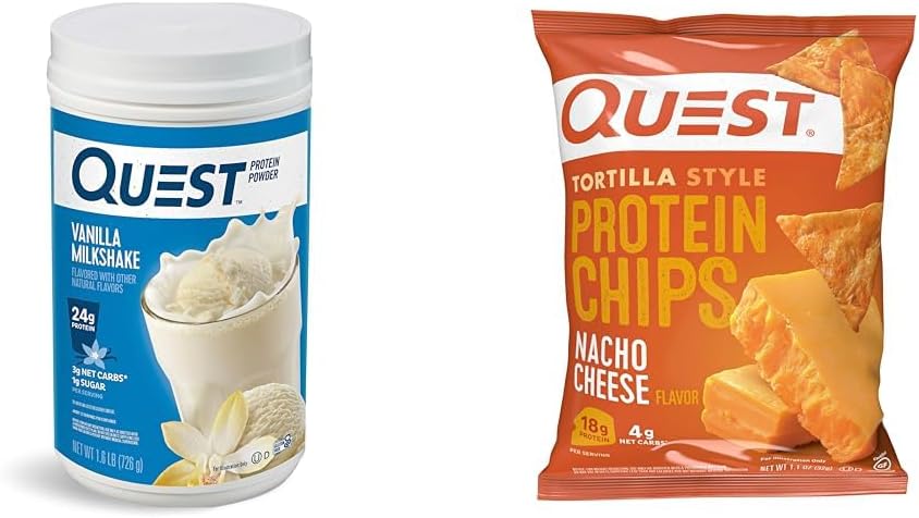 Quest Baunilha Milkshake Protein Powder, 24g Protein, 1.6lb + Quest Nacho Cheese Tortilla Style Protein Chips, 18g Protein, Pack of 12