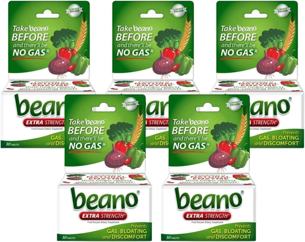 Beano Extra Força, Prevenção de Gás e Enzima Digestiva Suplemento, 30 Contagem (Pacote de 5)