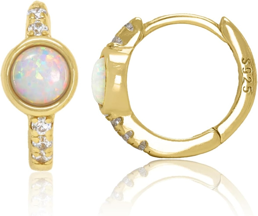 14K Gold Plated 925 Sterling Silver Criado White Opal Huggie Hoop Brincos