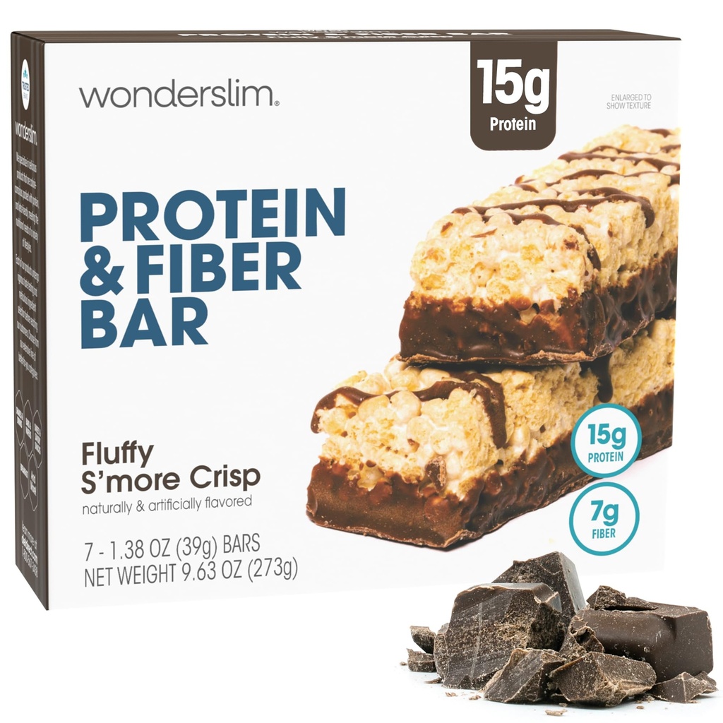 Wonderslim High Fiber Protein Bares, Fluffy S'more Crisp □ 15g Protein, 8g Fiber □ Baixo açúcar, Baixo carboidrato