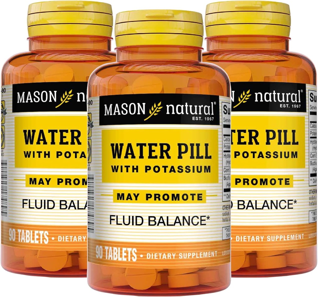 Pílula de Água Natural Mason com Potássio e Cálcio - Suporta Balanço Fluido, Ajuda a aliviar o inchaço e inchaço, Suplemento Diurético Natural, 90 Comprimidos (Pacote de 3)