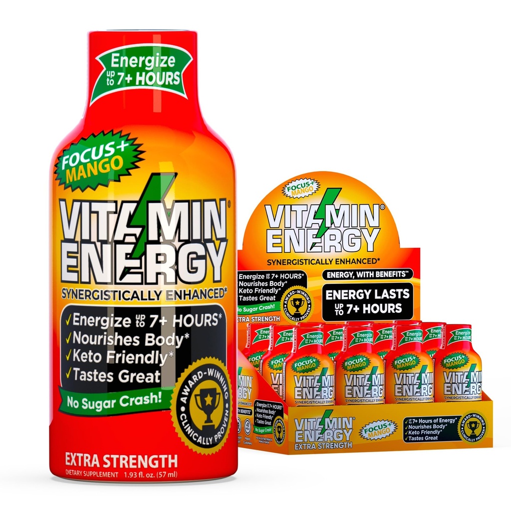 Vitamina Energia Focus+ Energia de força extra Shot Mango 12 Pack, 260mg Cafeína Natural, B-Vitaminas, CoQ10, Aminoácidos, Foco, Produtividade e clareza, Açúcar Zero, Gluten-Free, 1,93 fl oz