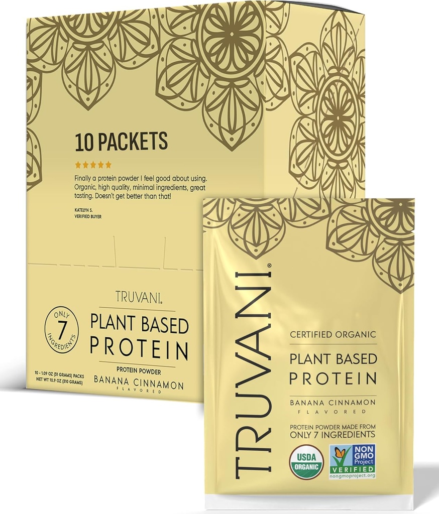 Truvani Vegan proteína de ervilha em pó de banana Canela de 20g de proteína baseada em plantas orgânicas de serviço único Pacotes de viagem de 10 Servings