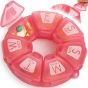 Organizador de comprimidos redondo semanal, TPU Borrachado, recipiente de pílulas de viagem 7 dias, com 7 grandes compartimentos, ótimo para vitaminas diárias e suplementos, caixa de pílulas bonito com letras grandes e braile (Rose)