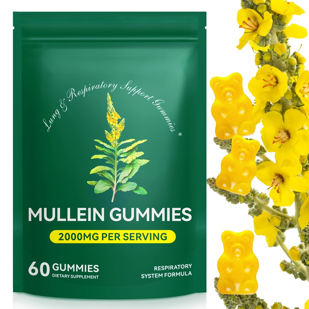 Mullein Gummies for Lung Detox, 2000mg Mullein Leaf Extract for Respiratory & Digestive & Imune Support, Suplemento Orgânico Mullein Herb para alívio de muco para respiratório, Immune, Vegan 60 Gummies