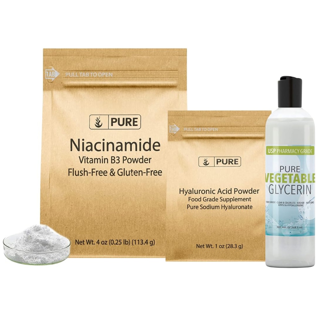 Pure Original Ingredientes Ácido Hialurônico, Niacinamida, e Glicerina Bundle, Vários Tamanhos, Odorless, incolor
