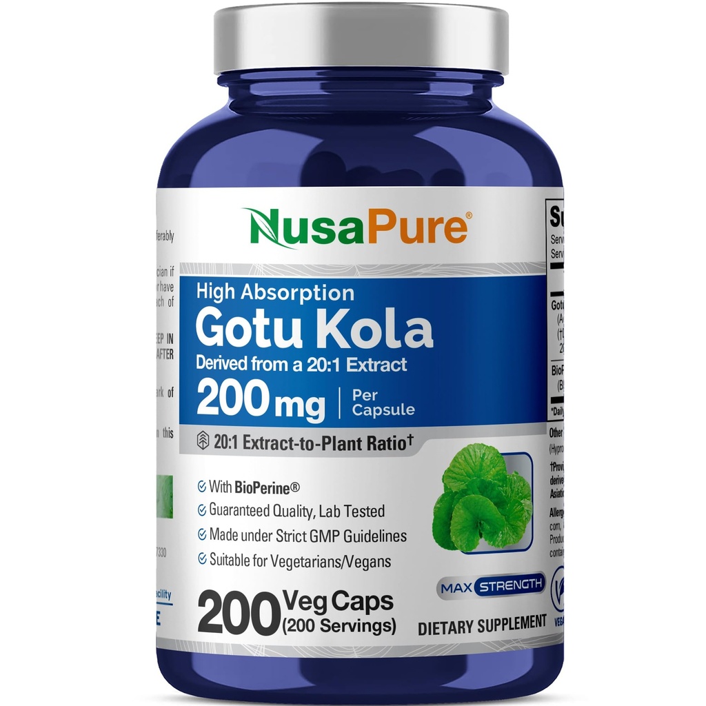 NusaPure Gotu Kola Cápsulas 20:1 Extrato, 200 mg Equivalente a 4000mg Por Veggie Caps, 200 Conde, Não-GMO, Vegan, Bioperine - Extrato de Herb tradicional