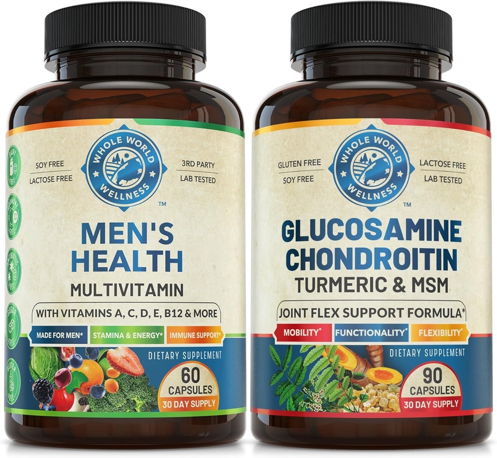 Mens Daily Multivitamins & Pacote de suporte conjunto avançado (uma garrafa cada). Apoia coletivamente o bem-estar holístico, a energia impulsionada e a saúde conjunta. EUA Made.