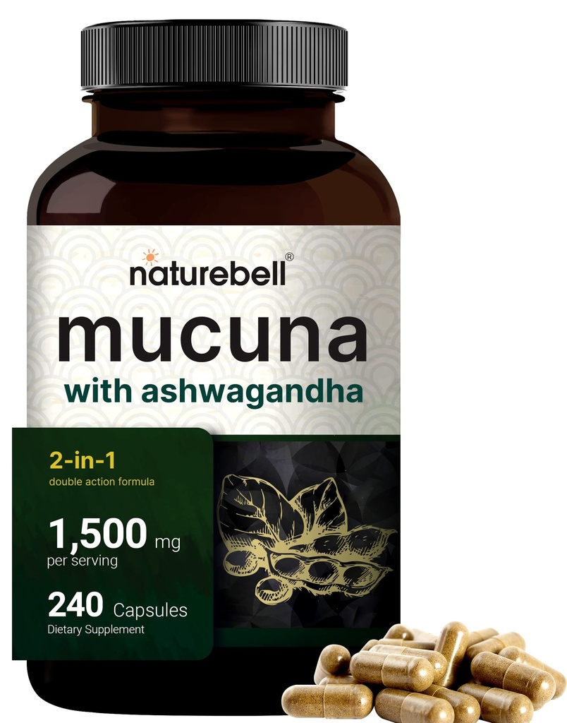 Cápsulas de Mucuna Pruriens, Força Tripla 1500mg por serviço, 2 em 1 Fórmula, Feito com Mucuna e Ashwagandha, 240 Cápsulas, Extrato de Sementes Potentes, Mood Positivo, Relaxamento e Restauração Suporte