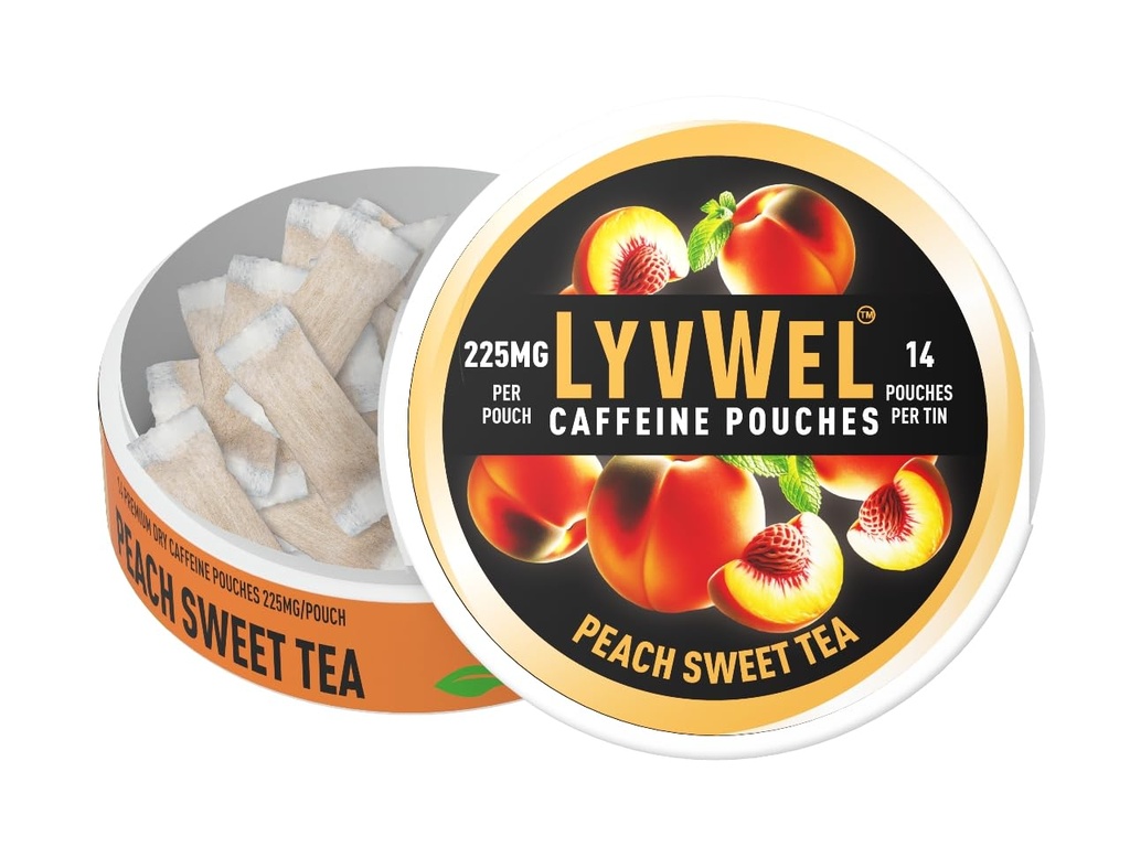 LyvWel Ultra Caffeine Pouch – Peach Sweet Tea – 225mg Cafeína Natural com Guaraná – Energia Limpa para Foco & Mood – 1-Pack (15 Pouches)