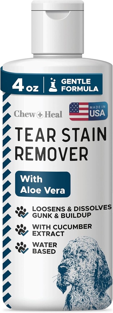 Mastigue + Cure Labs Pet Tear Stain Removedor para cães - 4 oz Lavar e limpar os olhos do cão com base em água - Dissolve Gunk & Buildup - Extrato de Aloe Vera & Pepino
