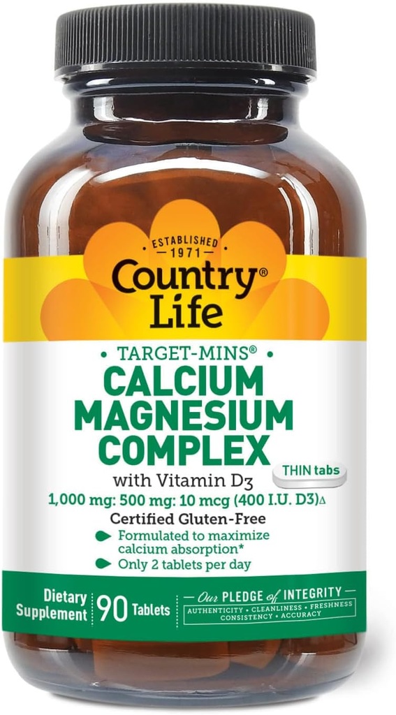 País Meta de Vida-Minas Magnésio de cálcio com vitamina D-Complexo, 1000mg/500mg/10mcg, 90 Comprimidos, Certificado sem glúten, Vegetariano Certificado