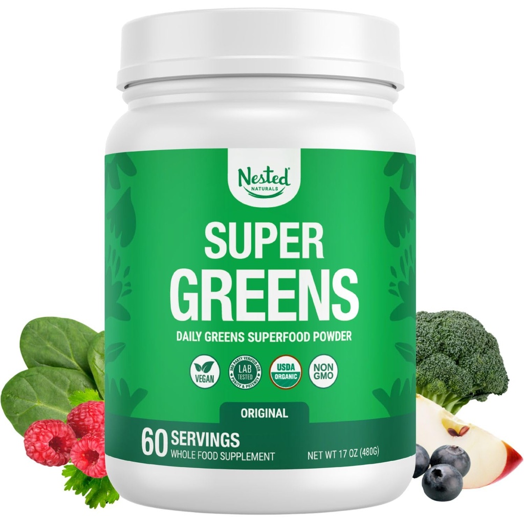 Nistoed Naturals Super Greens Daily Superfood Powder - Certificado USDA Organic Green Powder w/20+ Whole Foods, Spirulina Powder, Wheat & Barley Grass - Probióticos, Fibra & Enzimas - sabor original, 60