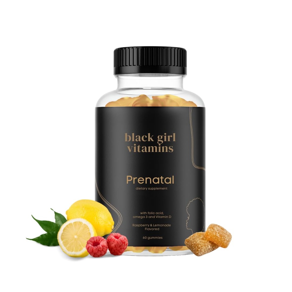 Vitaminas Black Girl - Pastilhas pré-natais para mulheres Vitamina com folato para suporte de saúde óssea, sem glúten, (Raspberry-Lemonade), 60ct