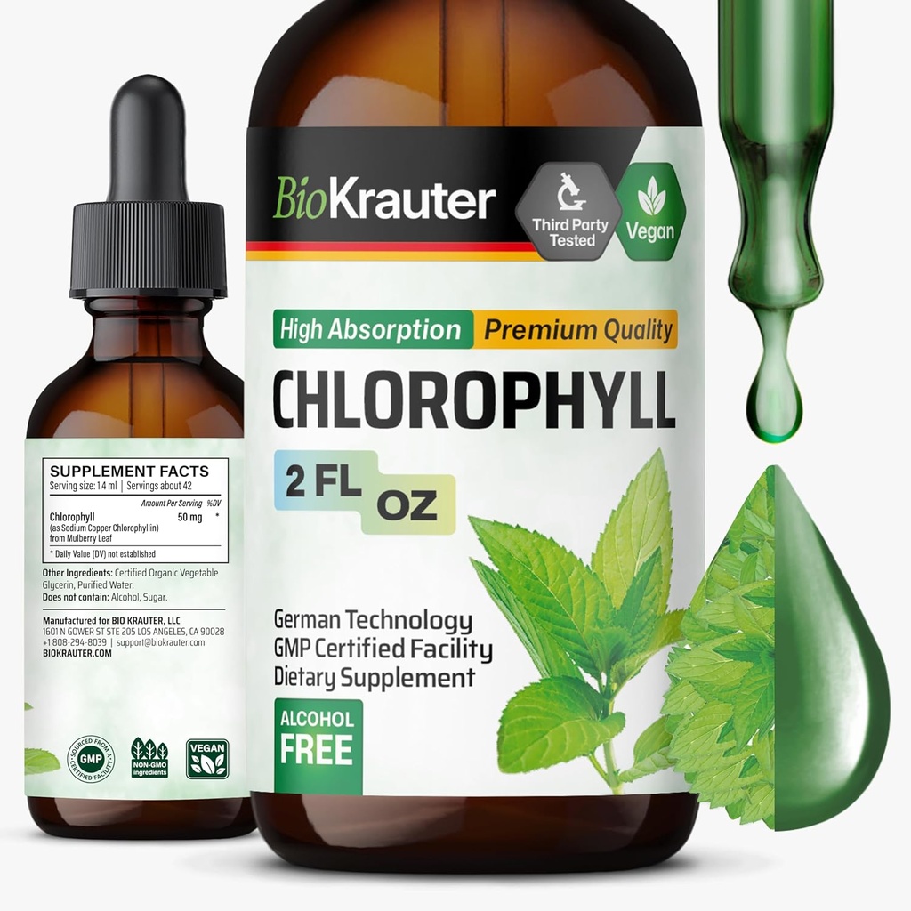 BIO KRAUTER Liquid Clorophyll Drops - Cleanse & Imune Support - Desodorante Interno - Sodio Copper Clorophyllin Extract Supplement - 2 fl oz
