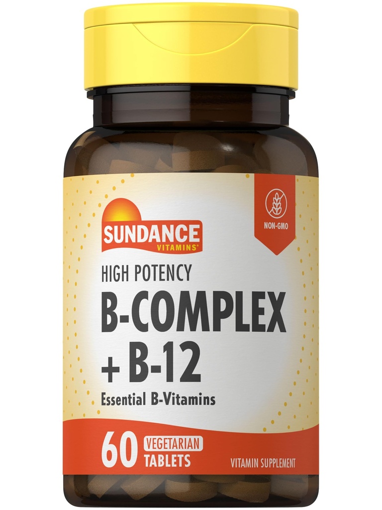 Sundance Vitamina B-Complexo, com B-12, 60 comprimidos, alta potência, vegetariano, não-GMO e suplemento sem glúten