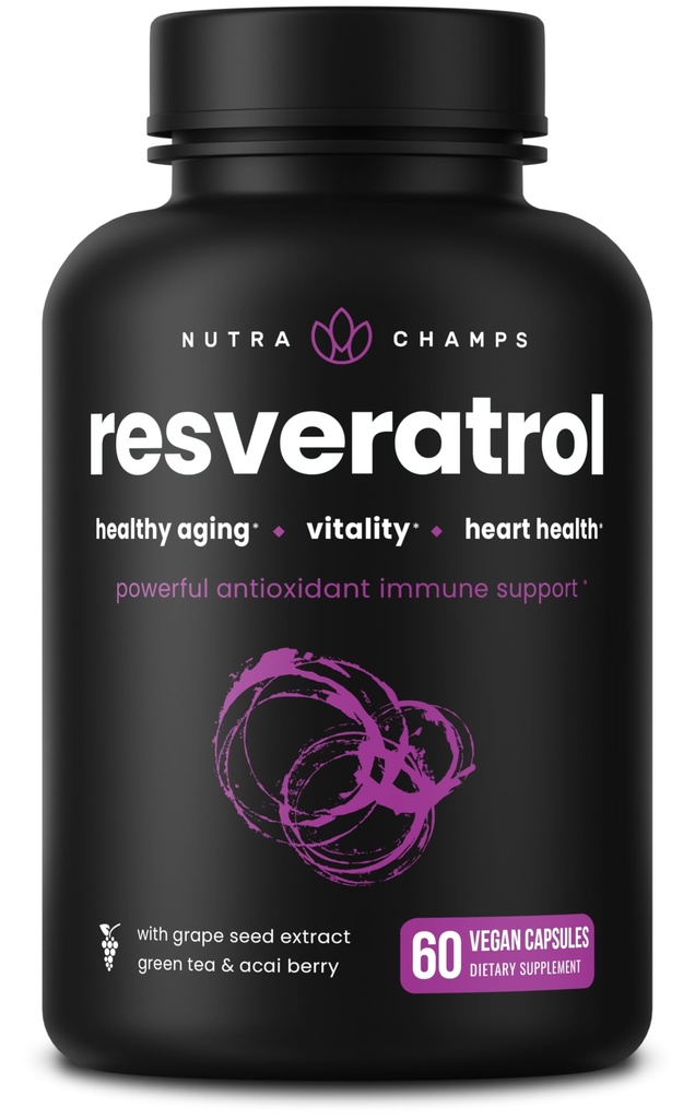NutraChamps Resveratrol Suplemento, Fórmula de força extra para envelhecimento saudável, Suporte imunológico, 60 Cápsulas Vegan com Trans-Resveratrol, Folha de chá verde, Acai Berry & Extrato de sementes de uva