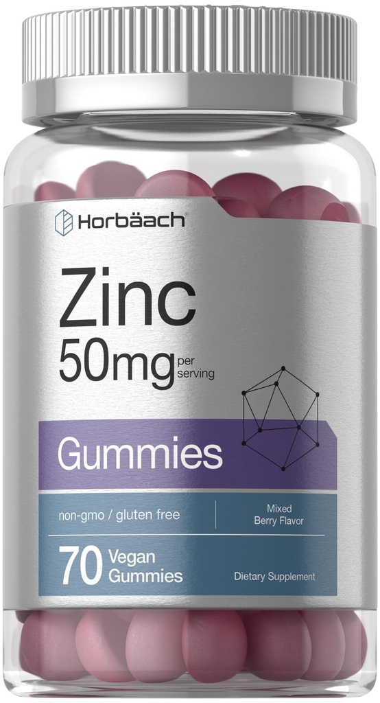 Horbäach Zinc 50mg □ 70 chicletes □ Misturado sabor de Berry □ Vegan, não-GMO e Gluten Free Formula