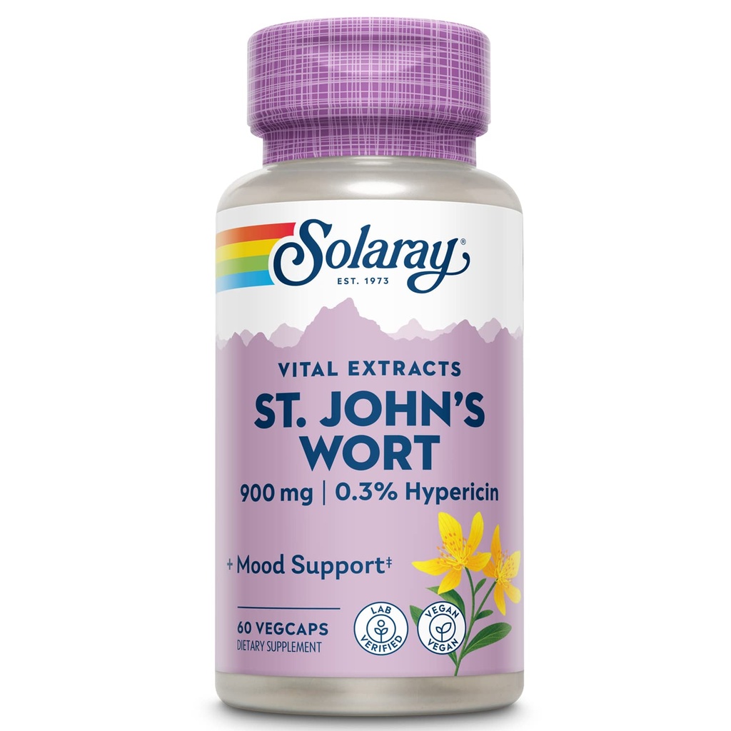 SOLARAY St. Johns Wort Aerial Extract 450mg Dois diariamente , Mood & Brain Health Support , 0,3% Hypericin , 60ct, 30 Serv.