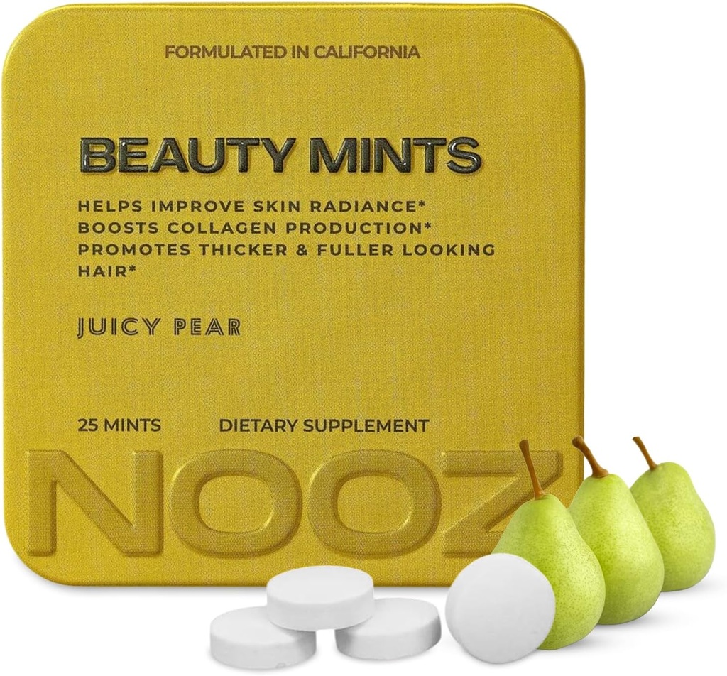 NOOZ Mentas de beleza - sem açúcar Biotin hortelã para a pele brilhante, cabelos saudáveis e unhas fortes - Juicy Pear Flavor - suplemento amigável de viagem com antioxidantes, Vitamina C, B6 & B12