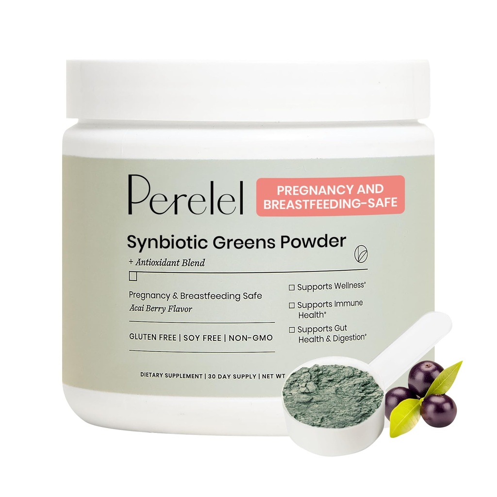 Perelel Synbiótico Verdes em pó, mistura de superalimentos com frutas, vegetais, probióticos, fibra, espirulina e chlorela, Suplemento de Verdes Diários, soja e glúten livre, não OGM, Acai Berry Flavor, 30 Servings
