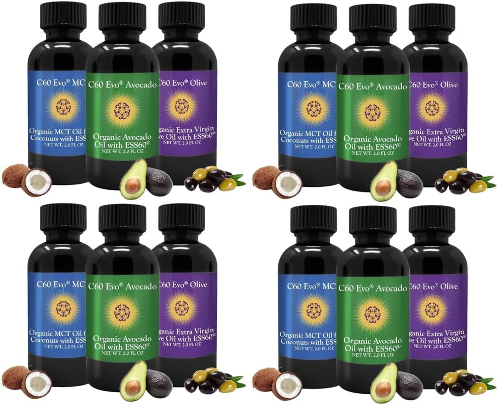 Óleos comestíveis all-Natural, mini amostrador de óleo conjunto com puro C60 ESS60, suporte imunológico e suplemento de apoio conjunto com azeite de oliva, óleo de abacate e óleo de coco MCT, conjunto de 12, 2 Oz cada