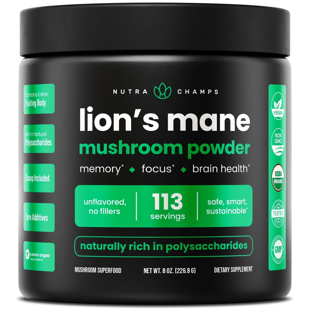 NutraChamps Organic Lions Mane Powder - 2000mg Nootrópico poderoso para memória, Foco, Imune Support - Vegan Lion’s Mane Mushroom Powder Supplement com naturalmente ocorrendo Beta-Glucans - 8 onças