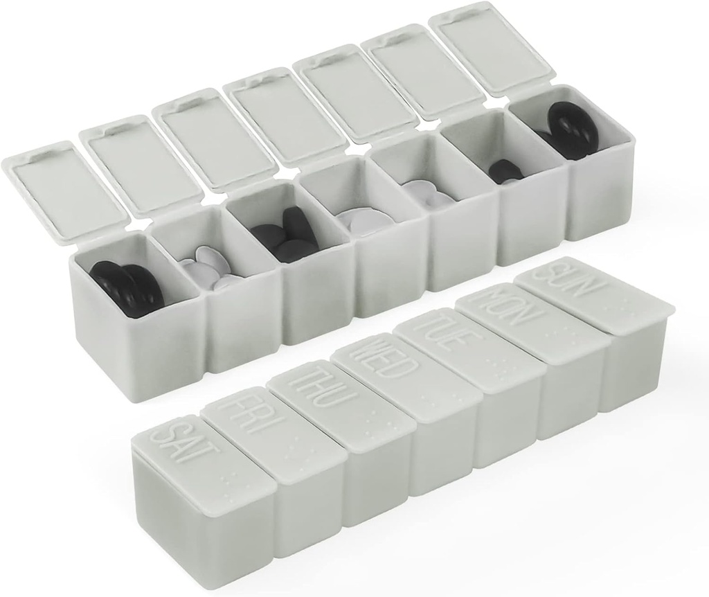 Organizador de pílula pequena semanal, 7 dias caso comprimido, caixa de remédio caso vitamina diária, recipientes de pílula para suplementos de medicina óleo de peixe (2Pcs, cinza)
