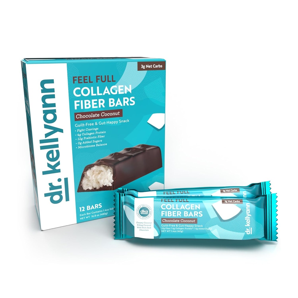 Dr. Kellyann Keto Barra de fibra de colágeno (12 barras) – Alta fibra, baixo carbono, sem glúten, Keto & Paleo-Friendly, 1 caixa