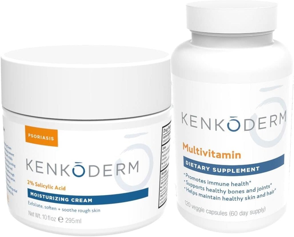 Kenkoderm Psoríase Hidratante Creme & Multivitamin Skin Care Bundle, Creme Hidratante com Ácido Salicílico, 10 oz & Multivitamin com Omega 3 & Vitamina D, Immune Supplement, 120 Cápsulas