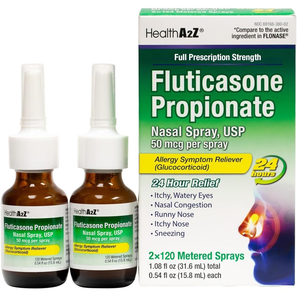 HealthA2Z® Fluticasona Propionato Sprays nasais - Pulverização de alívio de alergias - Nariz Runny - Congestão nasal - Espirros - Olhos Aguados com Comichão