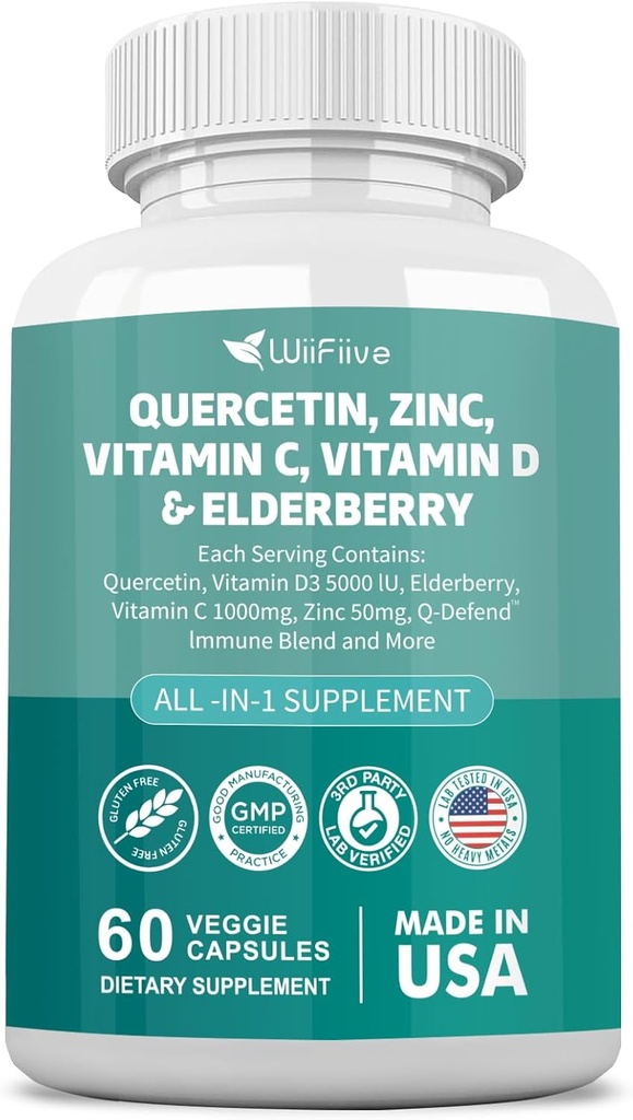 60 Conde Quercetin 50 mg Zinc 1000 mg Vitamina C 5000 UI Vitamina D3 1000 mg Açafrão 1000 mg Elderberry com Q-Defend Imune Blend Reisshi Nettle Arteemisininin, Non-GMO, Suportes Livres Saúde