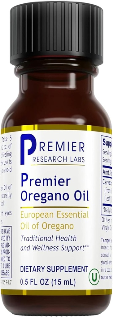 Premier Research Labs Premier Orégano Oil - Óleo de gotas de orégano com Carvacrol, Suplemento de óleo essencial de orégano comestível para a saúde Imune & Gut - 0.5 Fl Oz