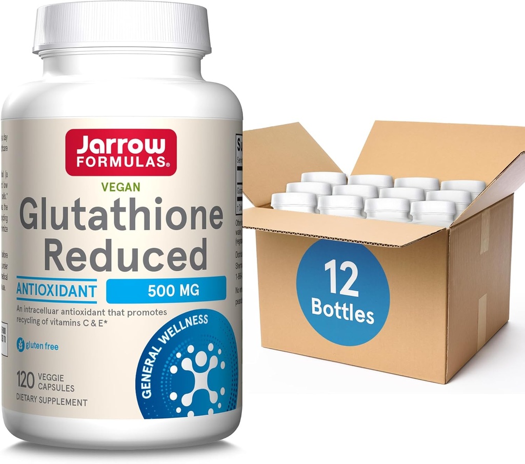 Jarrow Fórmulas Glutationa Reduzida 500 mg- 120 Cápsulas Veggie- Antioxidante Intracelular- Qualidade Suplementos Glutationa- Suporta Reciclagem de Vitaminas C & E- Não-GMO- Gluten Free- Vegan, 12 Embalagens