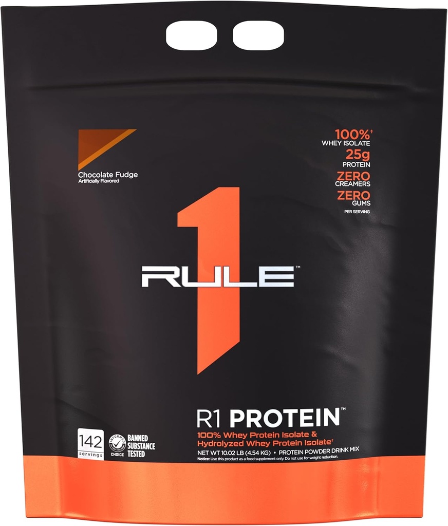 Regra 1 R1 Protein Whey Isolate - com 25g de proteína e 6g BCAA Exclusivamente de fontes isoladas e hidrolisadas para recuperação de exercícios (10 libras*, chocolate Fudge)